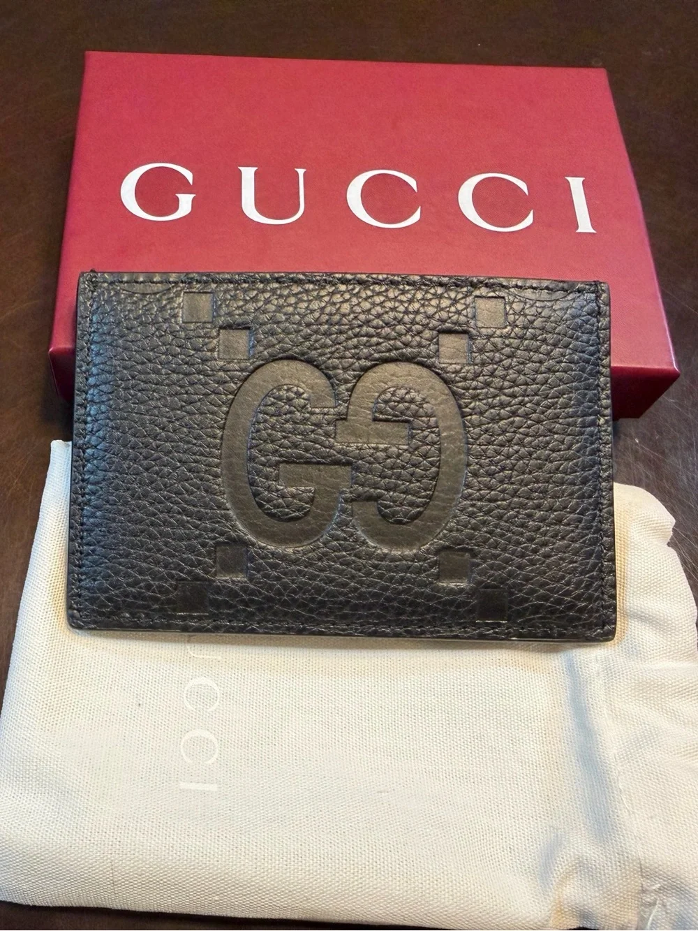 New Authentic Gucci GG Jumbo Logo Card Case Walllet Black Leather